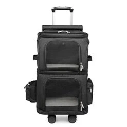 LEFEDA Double-Compartment Pet Carrier For Cats And Small Dogs Travel Suitcase Portable Wheels Carriage Foldable Cage Bag Trolley Pet Backpack Carrier (Color : Black Carrier)