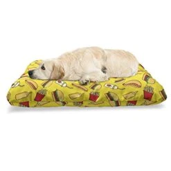 Ambesonne Food Pet Bed, Funny Cartoonish Fast Food With Fries Hot Dog Hamburger Strawberry Milkshake, Chew Resistant Pad For Dogs And Cats Cushion With Removable Cover, 24" X 39", Yellow Multicolor