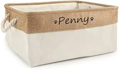 Xingfa Personalized Dog Toy Basket With Name,Custom Dog Toy Basket,Paw Prints Pet Food Storage Container,Dog Toy Box For Small Dogs,New Puppy Supplies (Beige,L 41X32X21cm) -Dog Supply Store 415T7YRhEuL. AC 2