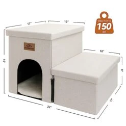 Dog Stairs, Dog Steps For High Beds, Foldable Pet Stairs For Small Dogs Puppy Dog With Storage For Bed And Couch Hold Up To 150 Lbs (Beige Gray, 2 Steps With Condo) -Dog Supply Store 41MDMDvpZvL