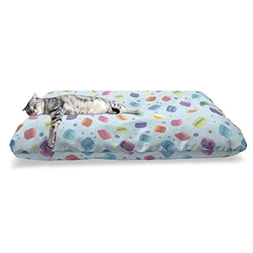 Ambesonne Foods Pet Bed, Colorful Macarons Pattern Along Small Flower Motifs Delicious Artwork, Chew Resistant Pad For Dogs And Cats Cushion With Removable Cover, 24" X 39", Sky Blue And Multicolor 4 Ambesonne Foods Pet Bed, Colorful Macarons Pattern Along Small Flower Motifs Delicious Artwork, Chew Resistant Pad For Dogs And Cats Cushion With Removable Cover, 24" X 39", Sky Blue And Multicolor - Image 2