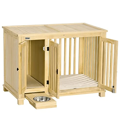 PawHut Wood Dog Crate Furniture With Hidden Food Bowl In Drawer, Dog Crate End Table With Cushion, Double Doors, For Small Dogs Indoor Use, Natural 3 PawHut Wood Dog Crate Furniture With Hidden Food Bowl In Drawer, Dog Crate End Table With Cushion, Double Doors, For Small Dogs Indoor Use, Natural