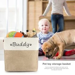 Personalized Dog Toy Box Square Basket With Leather Handles , Custom Name And Paw Pattern Puppy Toy Bin , Storage Baskets For Organizing Food Clothes And Pets Accessories(White Beige) -Dog Supply Store 41j7JAal2tL
