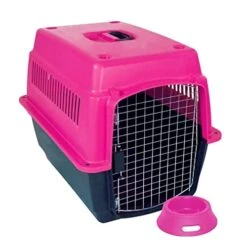 PACK LEADER Duna Travel Carrier Cage For Medium Breeds Or Cats Rigid Material Portable With Metal Door Up To 13 Kg Size 52 X 58 X 71 Cm Includes A Food Plate | Pink