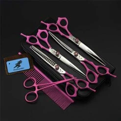 Pet Grooming Scissors Upscale Cat Dog 4 Pcs Set Pink Paint Handle Professional Trimmer Kit Premium 7.0 Inch 6CR Steel Beauticians Straight Cutting & Thinning & Curved Shears Combs