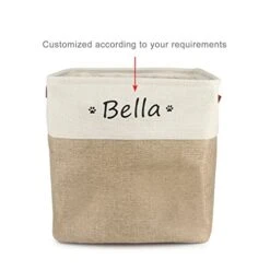 Personalized Dog Toy Box Square Basket With Leather Handles , Custom Name And Paw Pattern Puppy Toy Bin , Storage Baskets For Organizing Food Clothes And Pets Accessories(White Beige) -Dog Supply Store 41rhia11QOL