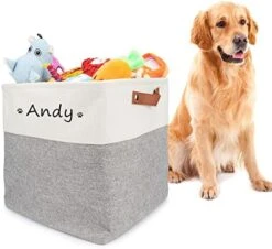 Personalized Dog Toy Box Square Basket With Leather Handles , Custom Name And Paw Pattern Puppy Toy Bin , Storage Baskets For Organizing Food Clothes And Pets Accessories(White Beige) -Dog Supply Store 41sagczZqqL. AC