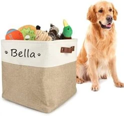 Personalized Dog Toy Box Square Basket With Leather Handles , Custom Name And Paw Pattern Puppy Toy Bin , Storage Baskets For Organizing Food Clothes And Pets Accessories(White Beige) -Dog Supply Store 41vAhg 9BZL. AC