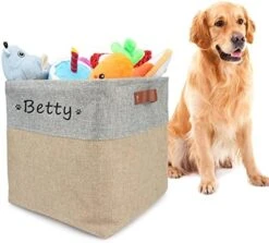 Personalized Dog Toy Box Square Basket With Leather Handles , Custom Name And Paw Pattern Puppy Toy Bin , Storage Baskets For Organizing Food Clothes And Pets Accessories(White Beige) -Dog Supply Store 41vlrBgpjyL. AC
