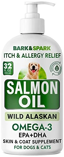 Bark&Spark Salmon Oil For Dogs & Cats - Natural Omega-3 Fish Oil For Dogs - Skin & Coat Support - Liquid Food Supplement For Pets - EPA+DHA Fatty Acids For Joint Function, Immune & Heart Health 32oz