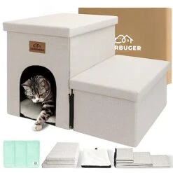 Dog Stairs, Dog Steps For High Beds, Foldable Pet Stairs For Small Dogs Puppy Dog With Storage For Bed And Couch Hold Up To 150 Lbs (Beige Gray, 2 Steps With Condo)