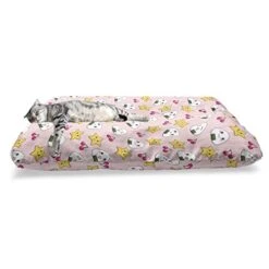 Ambesonne Japan Pet Bed, Japanese Foods Rice Ball Cherries Kawaii Anime Pattern Design, Chew Resistant Pad For Dogs And Cats Cushion With Removable Cover, 24" X 39", Pink