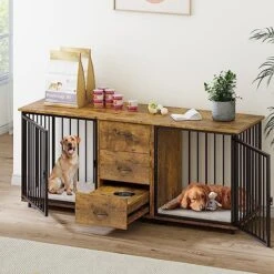 YITAHOME Large Dog Crate Furniture 74" Inch, Indoor Wooden Dog Kennel With Dog Feeders Bowls, 2-in-1 TV Stand, Endtable For 2 Large Medium Dogs, Walnut White 16 YITAHOME Large Dog Crate Furniture 74" Inch, Indoor Wooden Dog Kennel With Dog Feeders Bowls, 2-in-1 TV Stand, Endtable For 2 Large Medium Dogs, Walnut White -Dog Supply Store 51 qn7aSX0L. AC