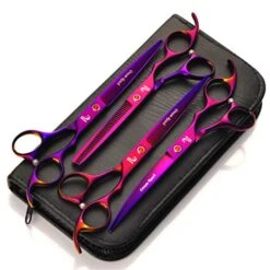 Purple 7.0 Inch Professional Hairdressing Scissors Set Pet Grooming Cutting Premium Steel Kit Straight & Thinning & Curved Shears Comb 4 Pcs Set For Cat Dog And More Pets Clean Hair Tool