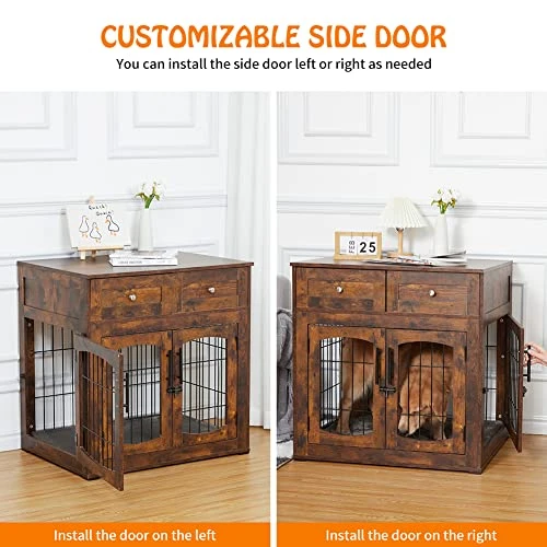 Dog Crate Furniture With Cushion,31.5" Large Wooden Dog Kennel Furniture With 2 Drawers,Left/Right Doors + Double Front Doors,for SmallMedium Dogs,Dog Cage TV Stand Rustic Brown 31.5"L×23.6"W×32.1"H 4 Dog Crate Furniture With Cushion,31.5" Large Wooden Dog Kennel Furniture With 2 Drawers,Left/Right Doors + Double Front Doors,for SmallMedium Dogs,Dog Cage TV Stand Rustic Brown 31.5"L×23.6"W×32.1"H - Image 2