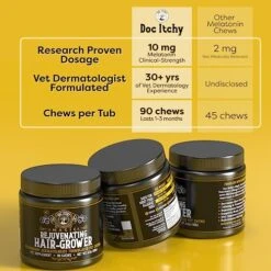 Doc Itchy Rejuvenating Hair-Grower Dog Pet Chews | Medical-Strength 10mg Melatonin | Hair Growth Booster | Senior Dog Energizer | Calming | Clinical High-Dose | Food Allergy Safe | Vegan | 90 Count -Dog Supply Store 514f157Dc2L