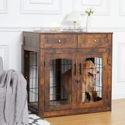 Dog Crate Furniture With Cushion,39" Large Wooden Dog Kennel Furniture With 2 Drawers,Left/Right Doors + Double Front Doors,for Medium Large Dogs,Dog Cage TV Stand Rustic Brown 39.4" L×23.6" W×40" H