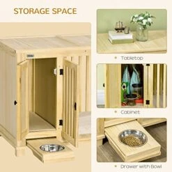 PawHut Wood Dog Crate Furniture With Hidden Food Bowl In Drawer, Dog Crate End Table With Cushion, Double Doors, For Small Dogs Indoor Use, Natural 10 PawHut Wood Dog Crate Furniture With Hidden Food Bowl In Drawer, Dog Crate End Table With Cushion, Double Doors, For Small Dogs Indoor Use, Natural -Dog Supply Store 515oOq54rAL