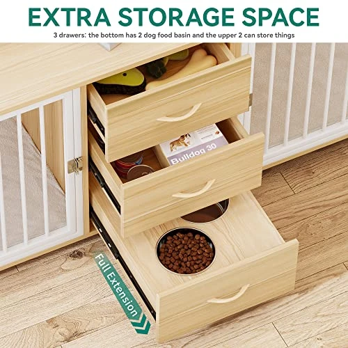 YITAHOME Large Dog Crate Furniture 74" Inch, Indoor Wooden Dog Kennel With Dog Feeders Bowls, 2-in-1 TV Stand, Endtable For 2 Large Medium Dogs, Walnut White 5 YITAHOME Large Dog Crate Furniture 74" Inch, Indoor Wooden Dog Kennel With Dog Feeders Bowls, 2-in-1 TV Stand, Endtable For 2 Large Medium Dogs, Walnut White - Image 3