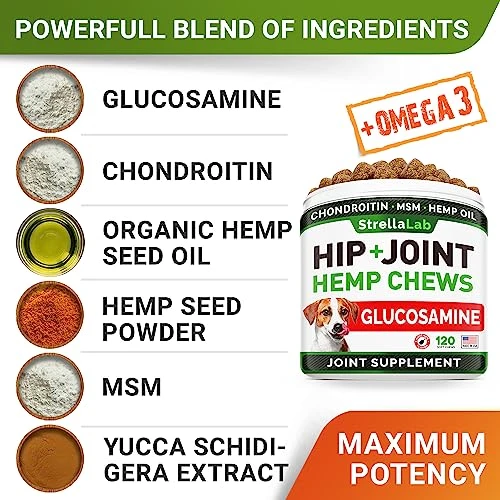 Hemp Treats - Glucosamine Dog Joint Supplement + Omega 3 - W/Hemp Oil - Chondroitin, MSM - Advanced Mobility Chews - Joint Pain Relief - Hip & Joint Care - Chicken Flavor - 120 Ct - Made In USA 4 Hemp Treats - Glucosamine Dog Joint Supplement + Omega 3 - W/Hemp Oil - Chondroitin, MSM - Advanced Mobility Chews - Joint Pain Relief - Hip & Joint Care - Chicken Flavor - 120 Ct - Made In USA - Image 2
