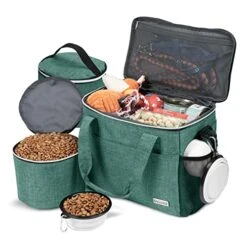 BAGLHER Dog Travel Bag Backpack Pet Supplies Backpack Pet Accessories Storage Bag 5-Piece Set With Shoulder Strap 2 Lined Pet Food Containers 4 Foldable Feeding Bowls Essential Kit For Pet Travel