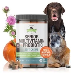 Strawfield Pets' Senior Multivitamin + Probiotics For Dogs With Milk Thistle Joint Support Supplement For Dogs Peanut Butter Flavor 120 Crunchy Soft Chews
