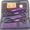 Purple Pet Cat Dog Grooming Scissors Set 5 Pieces Stainless Steel Professional Pet Trimmer Kit - 7.0 Inch Straight Cutting Scissors, Thinning Shears, Curved Scissors, Grooming Combs