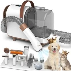 Bunfly Dog Grooming Kit & Vacuum Suction 99.99% Pet Hair, 3L Large Capacity Dust Cup, 7 Pet Grooming Tools For Shedding Pet Hair, Home Cleaning（Brown&White） -Dog Supply Store 51MaMARauL. AC