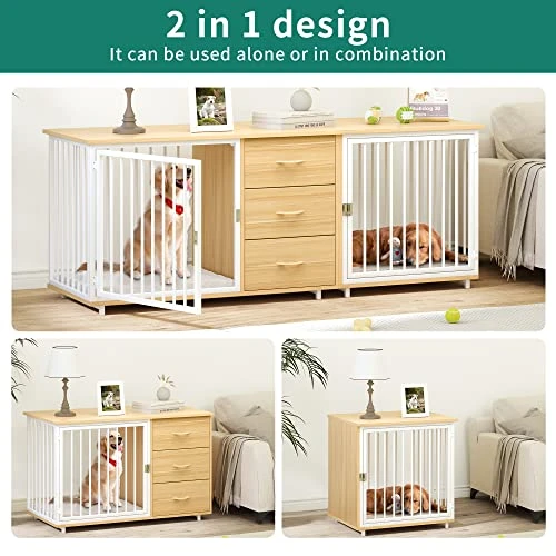 YITAHOME Large Dog Crate Furniture 74" Inch, Indoor Wooden Dog Kennel With Dog Feeders Bowls, 2-in-1 TV Stand, Endtable For 2 Large Medium Dogs, Walnut White 6 YITAHOME Large Dog Crate Furniture 74" Inch, Indoor Wooden Dog Kennel With Dog Feeders Bowls, 2-in-1 TV Stand, Endtable For 2 Large Medium Dogs, Walnut White - Image 4