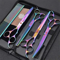 Professional 8.0 Inch Hairdressing Scissors Set Pet Hair Cutting Premium 440C Steel Kit Straight & Thinning & Curved Shears 5 Pcs Elbow Set For Cat Dog And More Pets Clean Grooming Tool(Multicolor),B -Dog Supply Store 51VKNwDS5wL