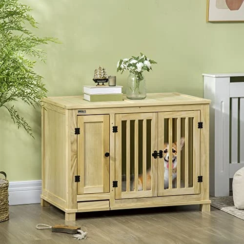 PawHut Wood Dog Crate Furniture With Hidden Food Bowl In Drawer, Dog Crate End Table With Cushion, Double Doors, For Small Dogs Indoor Use, Natural 4 PawHut Wood Dog Crate Furniture With Hidden Food Bowl In Drawer, Dog Crate End Table With Cushion, Double Doors, For Small Dogs Indoor Use, Natural - Image 2