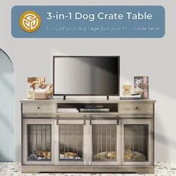 Lyromix Dog Crate Furniture Large Breed TV Stand With Drawer & 2 Sliding Doors, Dog Kennels And Crates For Medium Large Dogs With Divider, Dog Crate End Table, Grey, 66.1''W*23.6''D*36''H 11 Lyromix Dog Crate Furniture Large Breed TV Stand With Drawer & 2 Sliding Doors, Dog Kennels And Crates For Medium Large Dogs With Divider, Dog Crate End Table, Grey, 66.1''W*23.6''D*36''H -Dog Supply Store 51Z7Sivp3QL