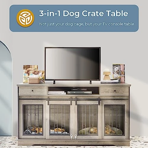 Lyromix Dog Crate Furniture Large Breed TV Stand With Drawer & 2 Sliding Doors, Dog Kennels And Crates For Medium Large Dogs With Divider, Dog Crate End Table, Grey, 66.1''W*23.6''D*36''H 5 Lyromix Dog Crate Furniture Large Breed TV Stand With Drawer & 2 Sliding Doors, Dog Kennels And Crates For Medium Large Dogs With Divider, Dog Crate End Table, Grey, 66.1''W*23.6''D*36''H - Image 3