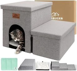 Dog Stairs, Dog Steps For High Beds, Foldable Pet Stairs For Small Dogs Puppy Dog With Storage For Bed And Couch Hold Up To 150 Lbs (Beige Gray, 2 Steps With Condo) -Dog Supply Store 51anh3Oo2tL. AC