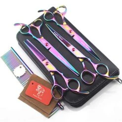 Professional 7.0 Inch High-End Pet Cat Dog Grooming Scissors Colorful Set 4 Pieces 6CR Steel Pet Trimmer Kit - Straight Cutting Scissors, Thinning Shears, Curved Scissors, Combs