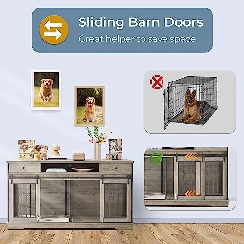 Lyromix Dog Crate Furniture Large Breed TV Stand With Drawer & 2 Sliding Doors, Dog Kennels And Crates For Medium Large Dogs With Divider, Dog Crate End Table, Grey, 66.1''W*23.6''D*36''H 9 Lyromix Dog Crate Furniture Large Breed TV Stand With Drawer & 2 Sliding Doors, Dog Kennels And Crates For Medium Large Dogs With Divider, Dog Crate End Table, Grey, 66.1''W*23.6''D*36''H - Image 7