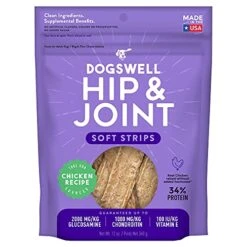 DOGSWELL Hip & Joint Dog Treats 100% Meaty, Grain Free, Glucosamine Chondroitin & Omega 3, Chicken Soft Strips 12 Oz