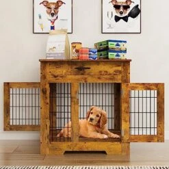 YITAHOME Dog Crate Furniture Decorative,30 Inch Heavy Duty Dog Kennel End Table With Drawer, 2 Doors Large Wooden Dog Crate Table Indoor Dog House For Large Medium Small Dogs, Brown