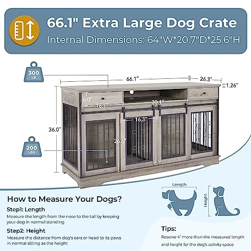 Lyromix Dog Crate Furniture Large Breed TV Stand With Drawer & 2 Sliding Doors, Dog Kennels And Crates For Medium Large Dogs With Divider, Dog Crate End Table, Grey, 66.1''W*23.6''D*36''H 4 Lyromix Dog Crate Furniture Large Breed TV Stand With Drawer & 2 Sliding Doors, Dog Kennels And Crates For Medium Large Dogs With Divider, Dog Crate End Table, Grey, 66.1''W*23.6''D*36''H - Image 2