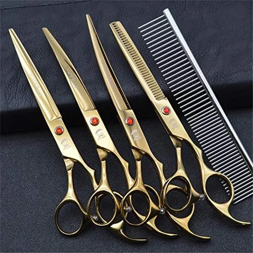 Professional 8.0 Inch Hairdressing Scissors Set Pet Hair Cutting Premium 440C Steel Kit Straight & Thinning & Curved Shears 5 Pcs Elbow Set For Cat Dog And More Pets Clean Grooming Tool(Multicolor),G 6 Professional 8.0 Inch Hairdressing Scissors Set Pet Hair Cutting Premium 440C Steel Kit Straight & Thinning & Curved Shears 5 Pcs Elbow Set For Cat Dog And More Pets Clean Grooming Tool(Multicolor),G - Image 4