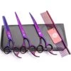 Professional 3 Pcs Pet Hair Grooming Scissors Set Cat Dog Premium Stainless Steel Trimmer Purple Kit 7.0 Inch Straight Cutting, Thinning, Curved Shears, Grooming Combs Hairdressing Supplies