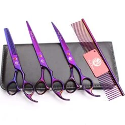 Professional 3 Pcs Pet Hair Grooming Scissors Set Cat Dog Premium Stainless Steel Trimmer Purple Kit 7.0 Inch Straight Cutting, Thinning, Curved Shears, Grooming Combs Hairdressing Supplies