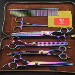 High-End 8.0 Inch Professional Colorful Hairdressing Scissors Set Pet Grooming Cutting Steel Plating Kit Straight & Thinning & Curved Shears Combs 5 Pcs Set For Cat Dog Teddy And More Pets Clean Tool