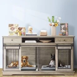 Lyromix Dog Crate Furniture Large Breed TV Stand With Drawer & 2 Sliding Doors, Dog Kennels And Crates For Medium Large Dogs With Divider, Dog Crate End Table, Grey, 66.1''W*23.6''D*36''H