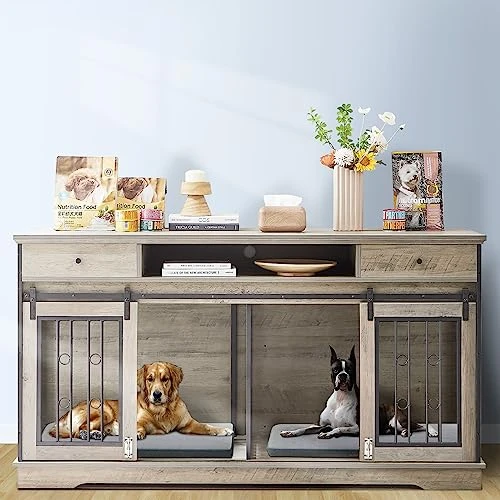 Lyromix Dog Crate Furniture Large Breed TV Stand With Drawer & 2 Sliding Doors, Dog Kennels And Crates For Medium Large Dogs With Divider, Dog Crate End Table, Grey, 66.1''W*23.6''D*36''H 3 Lyromix Dog Crate Furniture Large Breed TV Stand With Drawer & 2 Sliding Doors, Dog Kennels And Crates For Medium Large Dogs With Divider, Dog Crate End Table, Grey, 66.1''W*23.6''D*36''H