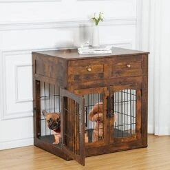 Dog Crate Furniture With Cushion,31.5" Large Wooden Dog Kennel Furniture With 2 Drawers,Left/Right Doors + Double Front Doors,for SmallMedium Dogs,Dog Cage TV Stand Rustic Brown 31.5"L×23.6"W×32.1"H