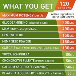 Hemp Treats - Glucosamine Dog Joint Supplement + Omega 3 - W/Hemp Oil - Chondroitin, MSM - Advanced Mobility Chews - Joint Pain Relief - Hip & Joint Care - Chicken Flavor - 120 Ct - Made In USA 17 Hemp Treats - Glucosamine Dog Joint Supplement + Omega 3 - W/Hemp Oil - Chondroitin, MSM - Advanced Mobility Chews - Joint Pain Relief - Hip & Joint Care - Chicken Flavor - 120 Ct - Made In USA -Dog Supply Store 61elciTMlpL